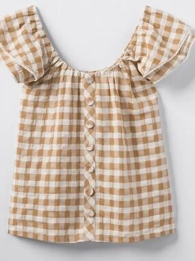 Matilda Jane Tan and White Gingham Button-Front Puff Sleeve Top